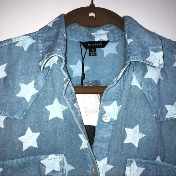 Sim&Sam Shirt  Dress S Chambray Blue White Stars Button Front Cowgirl - Picture 5 of 10